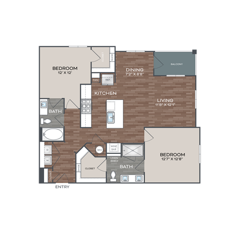 A floor plan of a house with two bedrooms, a living room, a kitchen, a dining room, a bathroom, and a balcony.